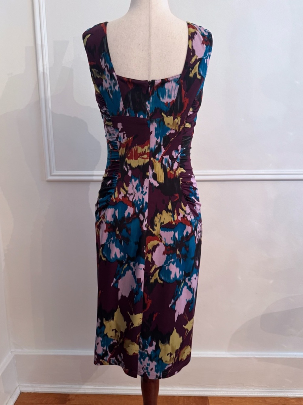 Adrianna Papell Plum Teal Gold Abstract Floral Ruched Sheath Dress Sz 4 - Picture 3 of 5